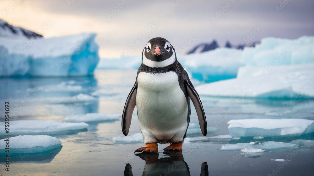 Fototapeta premium A cute penguin stands among the ice of Antarctica. Inhabitants of the cold corners of the planet