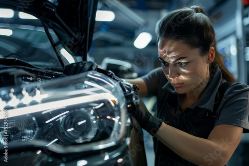 Skilled Female Mechanic: Adjusting Car Headlights with Expertise