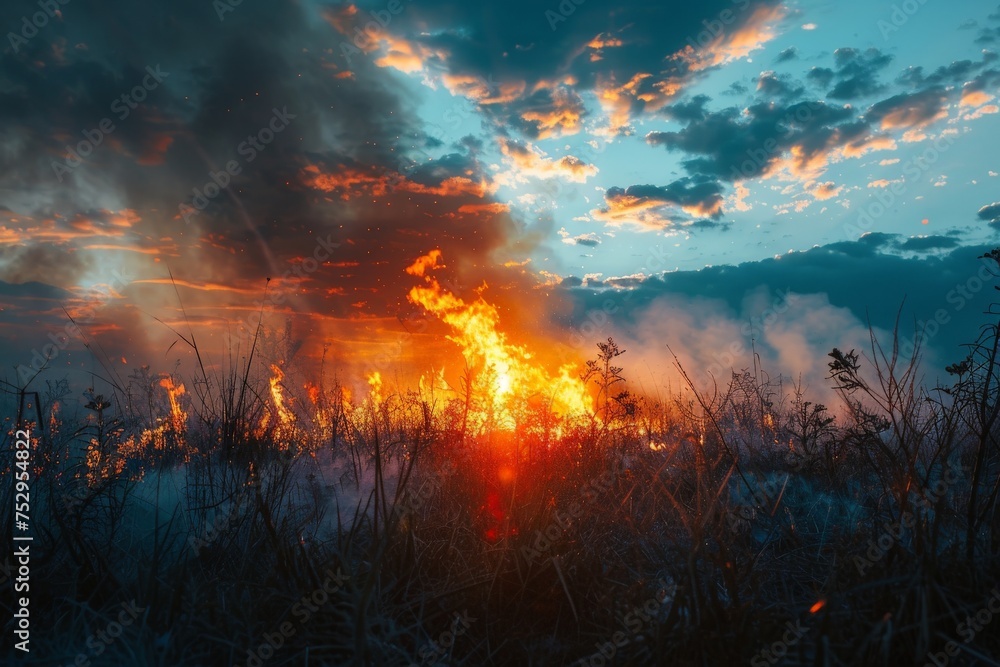 A vivid image showing the dangerous beauty of a wildfire with dramatic clouds, smoke, and the orange glow of flames against a dusk sky A vivid image showing the dangerous beauty of a wildfire with dramatic clouds, smoke, and the orange glow of flames against a dusk sky
