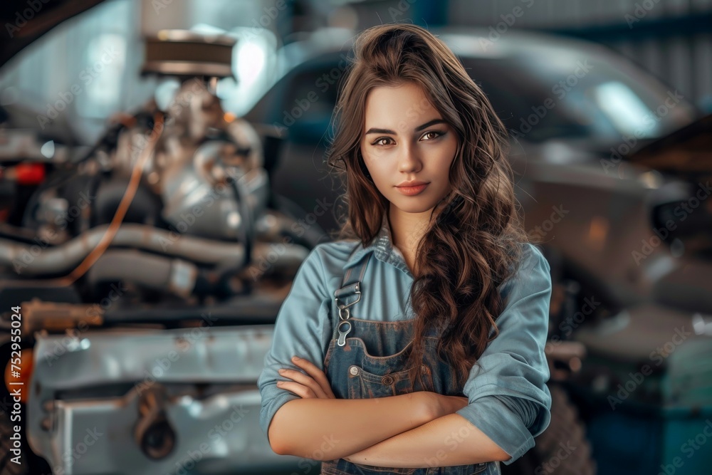 Confident Mechanic: Sexy Professional with Toolbox and Car Engine Confident Mechanic: Sexy Professional with Toolbox and Car Engine