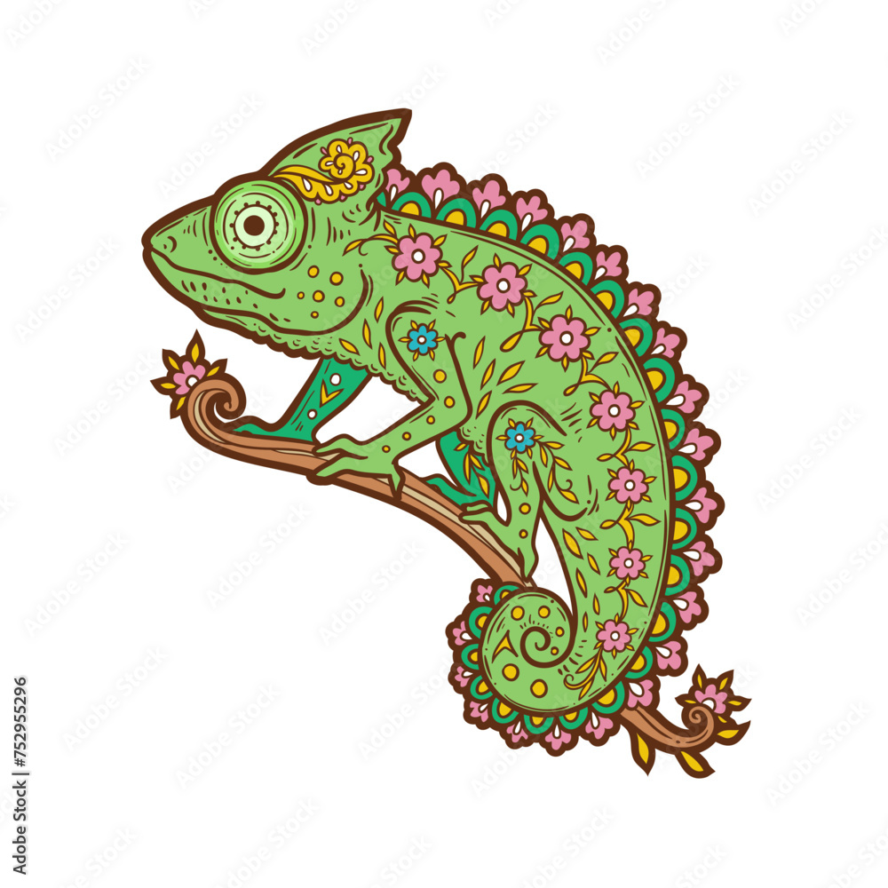 Obraz premium Chameleon mandala. Animal Vector illustration Ornamental flower in Zen boho style. Antistress lizard drawing.