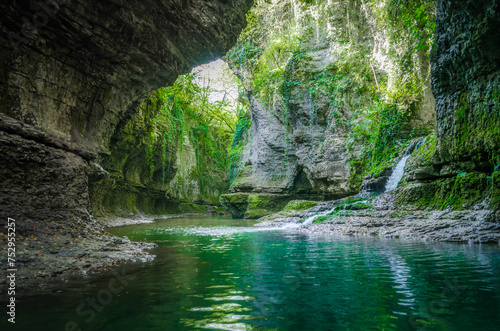 river and stream in the mountains with green plants in Georgia