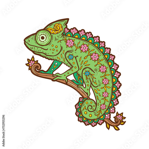 Chameleon mandala. Animal Vector illustration Ornamental flower in Zen boho style. Antistress lizard drawing.