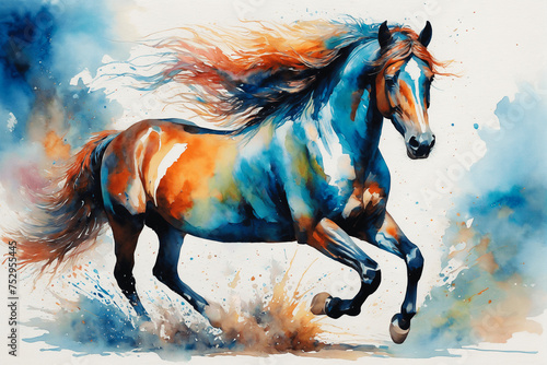 A watercolor painted horse runs among the watercolor splashes. A colorful horse © borisenkoket
