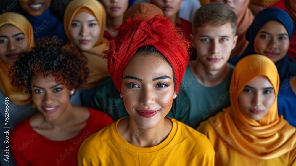 A diverse group of individuals with various ethnicities and wearing colorful attire, demonstrating unity and multiculturalism. Focus on the smiling woman in the foreground.