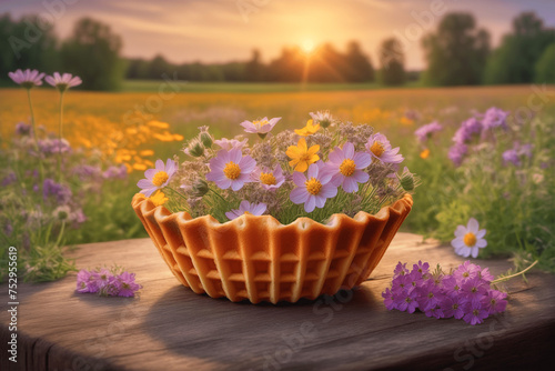 A waffle basket filled with summer wildflowers on the background of a summer meadow in the sunset rays. A summer postcard with flowers and a lawn. Still life with a summer bouquet