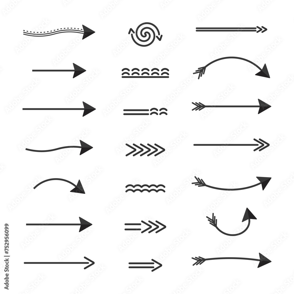 Arrows direction of movement, a set of black arrows of different shapes dotted twisted pointers landmarks. Vector elements isolate. Arrows direction of movement, a set of black arrows of different shapes dotted twisted pointers landmarks. Vector elements isolate.