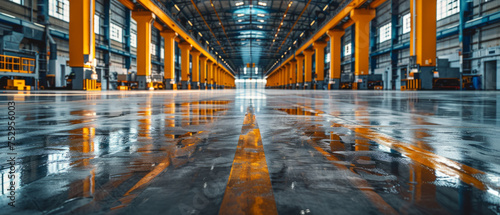 Low angle view of a spacious industrial warehouse with high ceilings, large windows, and reflective glossy floor with a yellow guiding line, emphasizing symmetry and depth.