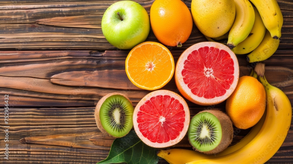 Assortment of vibrant summer fruits including bananas, oranges, apples, kiwis, and grapefruits arranged on a brown wooden surface. This represents a display of healthy organic food options, rich in de Assortment of vibrant summer fruits including bananas, oranges, apples, kiwis, and grapefruits arranged on a brown wooden surface. This represents a display of healthy organic food options, rich in de