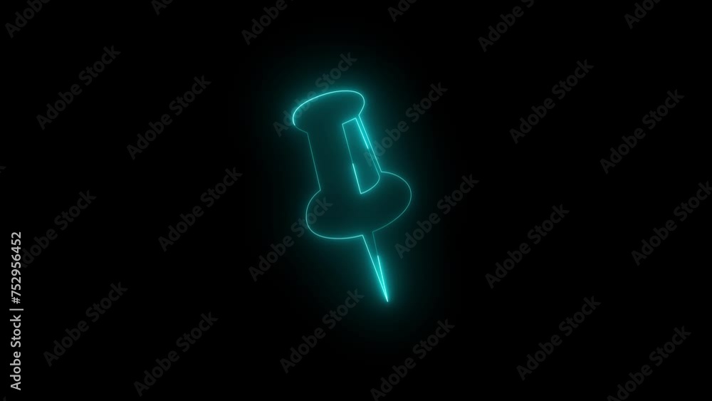 Neon glowing cyan drawing pin icon animation in black background Neon glowing cyan drawing pin icon animation in black background