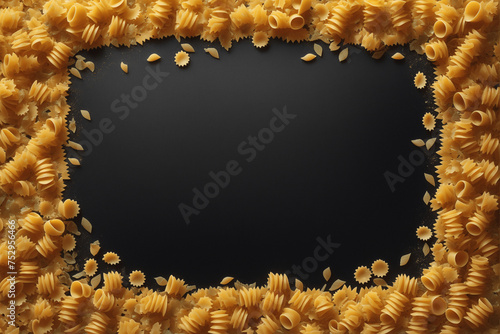 Background of different varieties of pasta with space for text on black background. Spilled pasta, carbohydrate concept