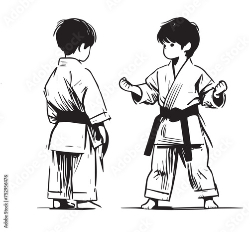 two children in kimono with belt training karate and taekwondo
