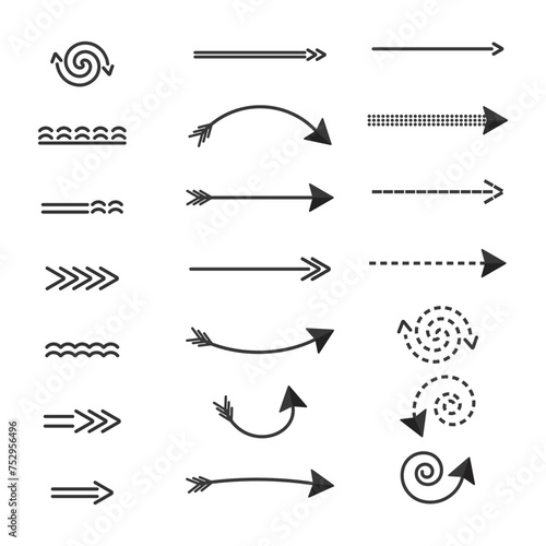 Arrows direction of movement, a set of black arrows of different shapes dotted twisted pointers landmarks. Vector elements isolate.