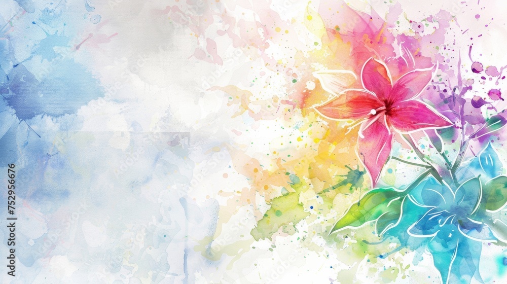 Colorful watercolor splashes on a white backdrop with floral elements of flowers and leaves
