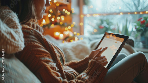 A cozy scene featuring an individual in a warm sweater using a digital tablet, comfortably seated indoors with soft lighting and bokeh from string lights in the background. © ChubbyCat