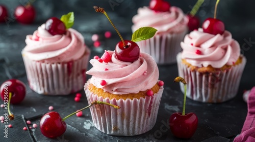 Beautiful pink cherry cupcakes, elegantly decorated with a cherry on top, on a dark textured background.
