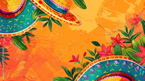 Vibrant Cinco de Mayo background with colorful sombreros and tropical flowers on an orange backdrop. Ideal for celebration themes and cultural events. photo