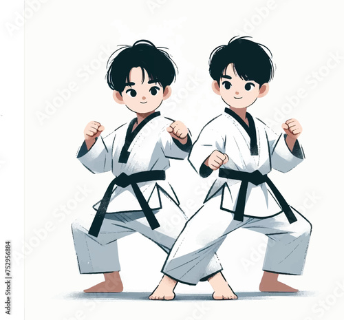 two children in kimono with belt training karate and taekwondo