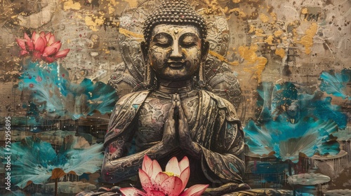 Textured painting of Buddha holding a lotus, symbol of Vesak holiday, symbolizing purity and spiritual awakening. Suitable for cultural and religious themes.