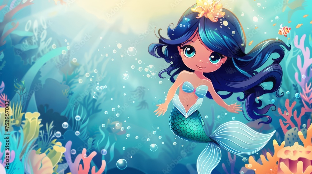 An enchanting cute cartoon mermaid with starfish accessory swims gracefully among coral and bubbles in an underwater scene. An enchanting cute cartoon mermaid with starfish accessory swims gracefully among coral and bubbles in an underwater scene.