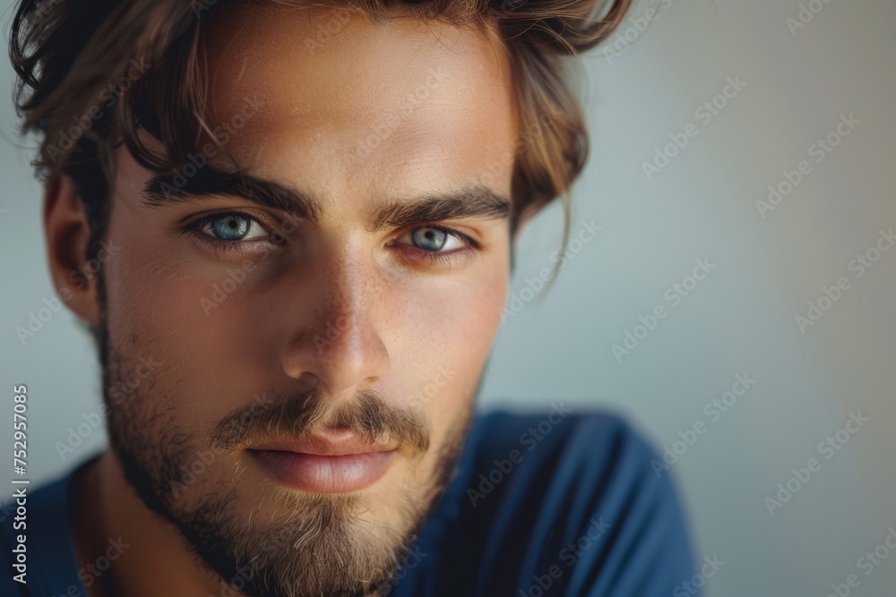 Intense gaze of a blue-eyed young man with beard, soft light accentuating his features, ideal for themes of masculinity and beauty. Intense gaze of a blue-eyed young man with beard, soft light accentuating his features, ideal for themes of masculinity and beauty.