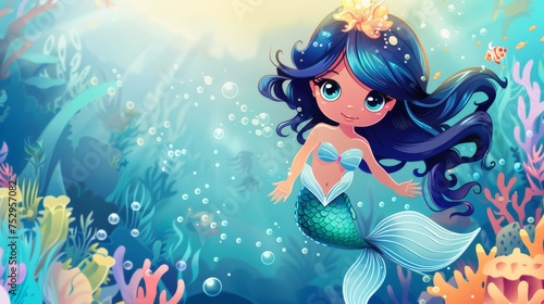 An enchanting cute cartoon mermaid with starfish accessory swims gracefully among coral and bubbles in an underwater scene.