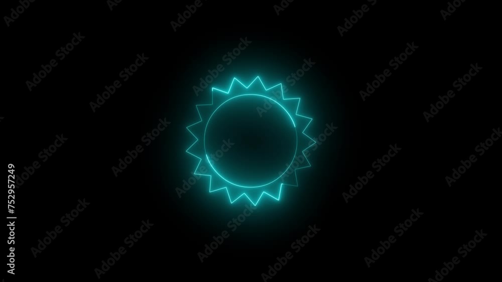 Neon glowing cyan sun icon animation in black background Neon glowing cyan sun icon animation in black background