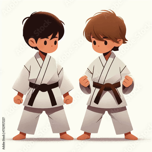 two children in kimono with belt training karate and taekwondo