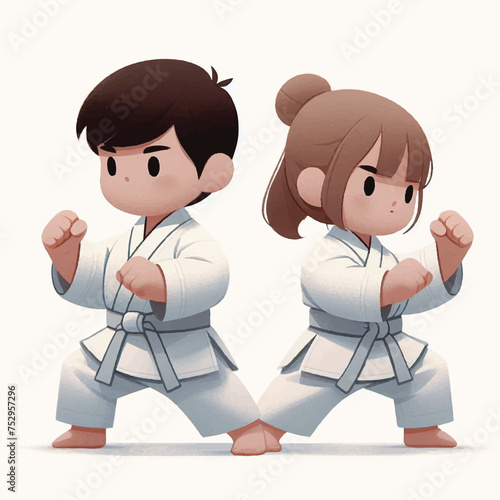 two children in kimono with belt training karate and taekwondo