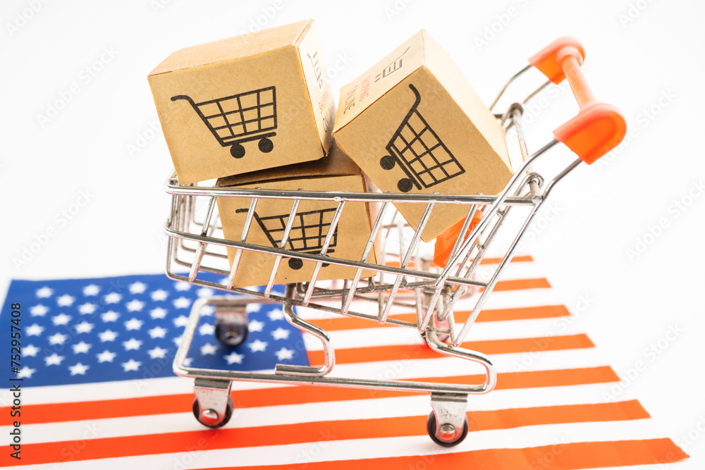 Box with shopping online cart logo and USA America flag, Import Export Shopping online or commerce finance delivery service store product shipping, trade, supplier.