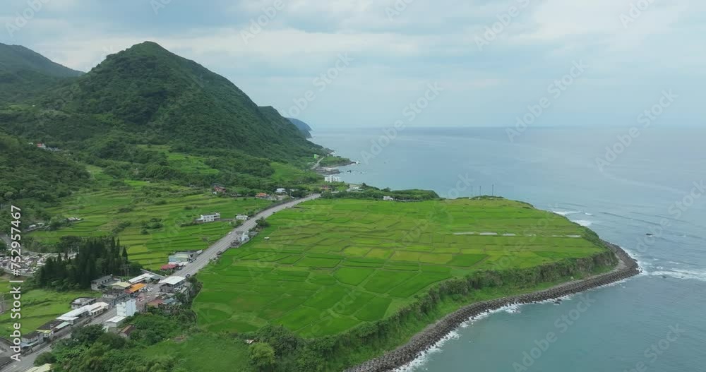 Drone fly over the hualien rice field beside the sea coast Drone fly over the hualien rice field beside the sea coast