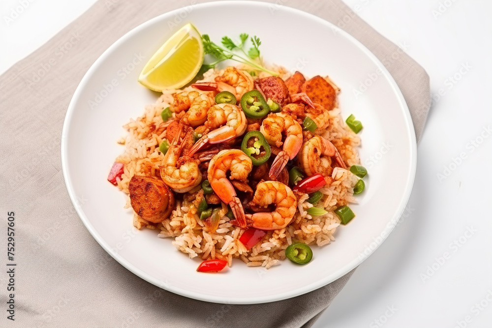 Seafood Tom Yum Fried Rice,Stir fried rice with shrimp and squid with chilli sauce on white plate. Image for cafe menu, Banner Seafood Tom Yum Fried Rice,Stir fried rice with shrimp and squid with chilli sauce on white plate. Image for cafe menu, Banner