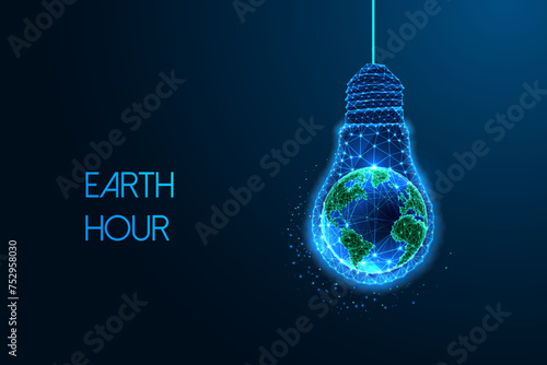 Earth Hour, Energy conservation futuristic concept with planet Earth inside of lighbulb