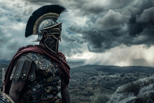 Ancient warrior in armor standing before a stormy landscape photo