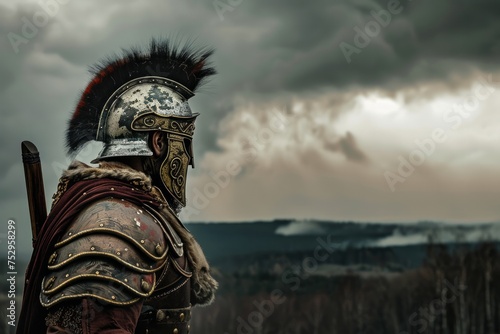 Ancient warrior in armor standing before a stormy landscape