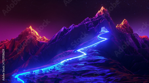 Illustration of illuminated path to a mountain. Climbing and reaching summits concept, landscape with snow, Neon Path to mountain top , Ai generated image 