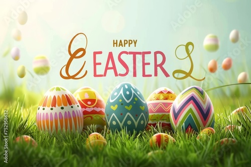 Colorful Easter Egg Basket Creative. Happy easter Easter imagery bunny. 3d lettering area hare rabbit illustration. Cute Easter egg dye festive card easter affirmation copy space wallpaper backdrop