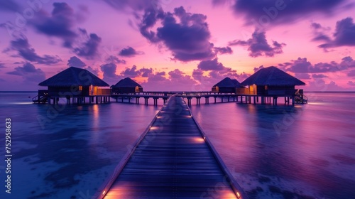 Sunset over the ocean with a pier  highlighting a tropical beach resort in the Maldives  under a vibrant sky