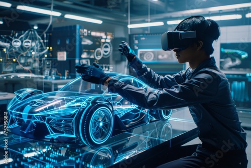 Engineer using virtual reality to interact with car design