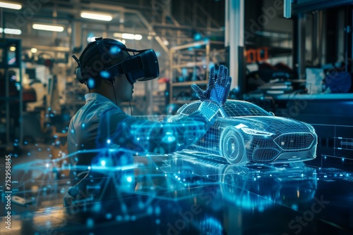 Engineer using virtual reality to interact with car design