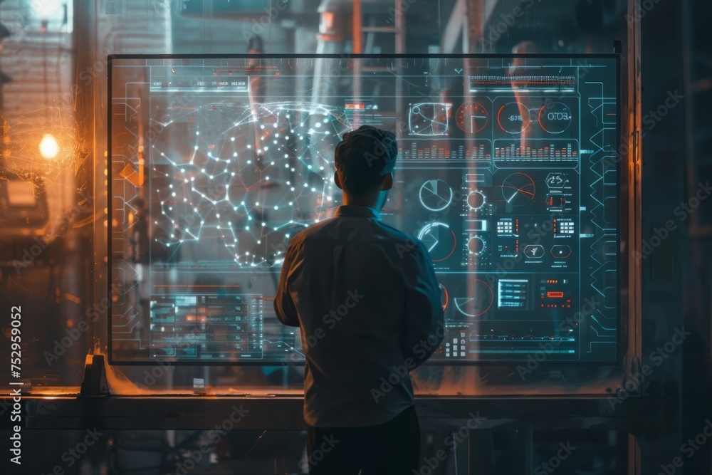 Man analyzing data on a futuristic transparent screen Man analyzing data on a futuristic transparent screen
