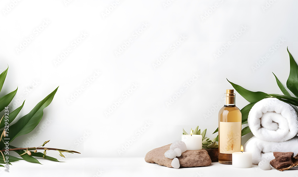 Spa cosmetic oils and a white towel with free space for writing text.