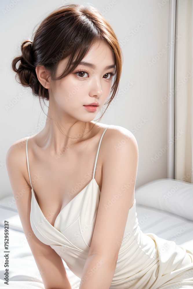 Gorgeous Young Female Model - Fashion or Cosmetics Model - Beauty with Perfect Fine Features - Beautiful Smooth Hair - White Dress Gorgeous Young Female Model - Fashion or Cosmetics Model - Beauty with Perfect Fine Features - Beautiful Smooth Hair - White Dress