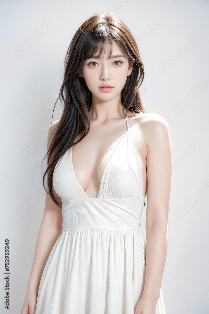 Gorgeous Young Female Model - Fashion or Cosmetics Model - Beauty with Perfect Fine Features - Beautiful Smooth Hair - White Dress Gorgeous Young Female Model - Fashion or Cosmetics Model - Beauty with Perfect Fine Features - Beautiful Smooth Hair - White Dress