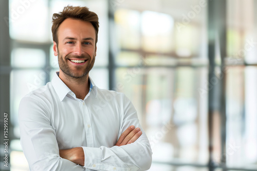 Charismatic Young Businessman in White Shirt with Confident Smile in Modern Office Environment