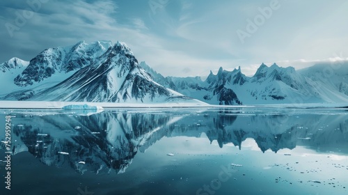 A panoramic view of a snowy mountain lake at dawn, showcasing icy peaks and glaciers under a cloud-filled sky, embodying the serene beauty of winter in the Alps