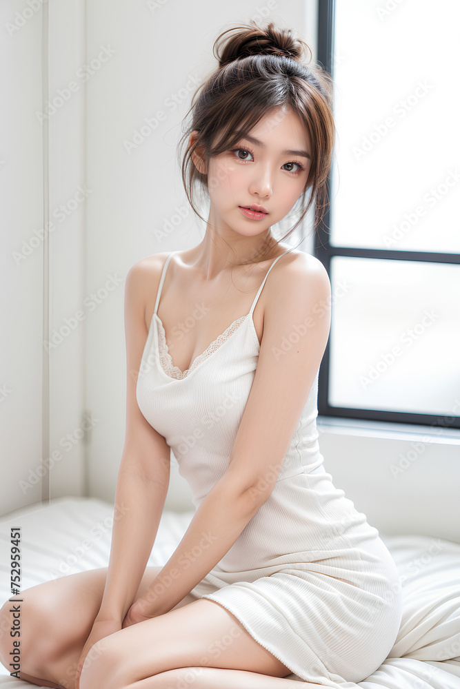 Gorgeous Young Female Model - Fashion or Cosmetics Model - Beauty with Perfect Fine Features - Beautiful Smooth Hair - White Dress Gorgeous Young Female Model - Fashion or Cosmetics Model - Beauty with Perfect Fine Features - Beautiful Smooth Hair - White Dress