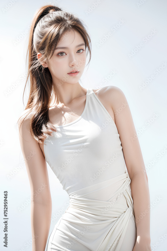 Gorgeous Young Female Model - Fashion or Cosmetics Model - Beauty with Perfect Fine Features - Beautiful Smooth Hair - White Dress Gorgeous Young Female Model - Fashion or Cosmetics Model - Beauty with Perfect Fine Features - Beautiful Smooth Hair - White Dress