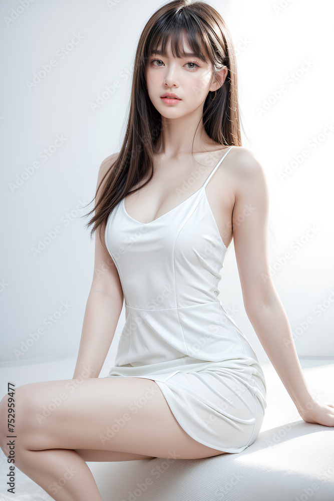 Gorgeous Young Female Model - Fashion or Cosmetics Model - Beauty with Perfect Fine Features - Beautiful Smooth Hair - White Dress Gorgeous Young Female Model - Fashion or Cosmetics Model - Beauty with Perfect Fine Features - Beautiful Smooth Hair - White Dress