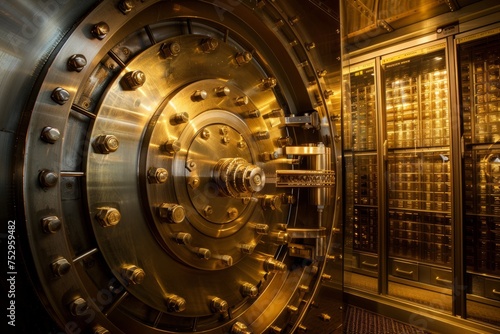 Open gold vault door revealing safe deposit boxes